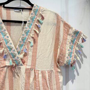 NWOT Civico 51 Boho Pom Pom Tassel Dress | Size XL | Made in Italy Pink/White St